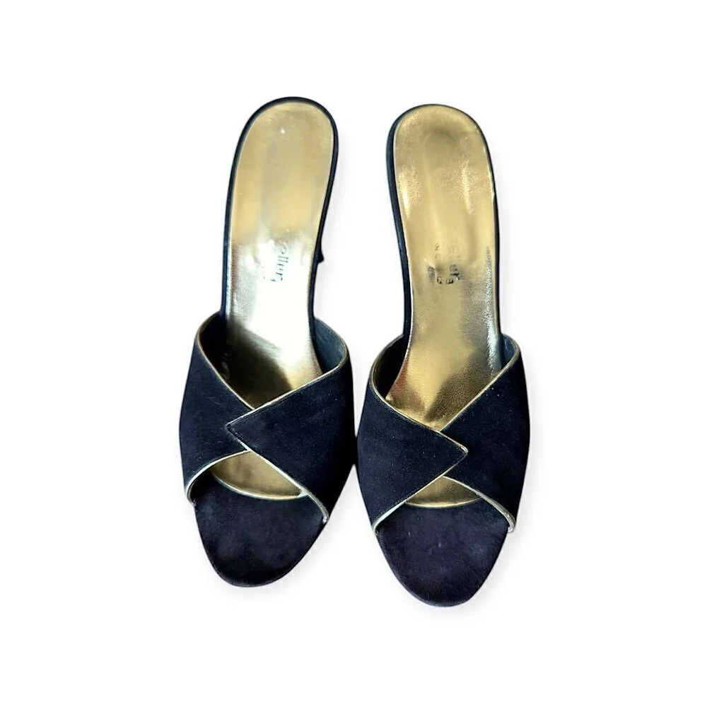 Andrew Geller Black Suede Gold‎ Trim Cutout Wededge Sandals, Vintage,
